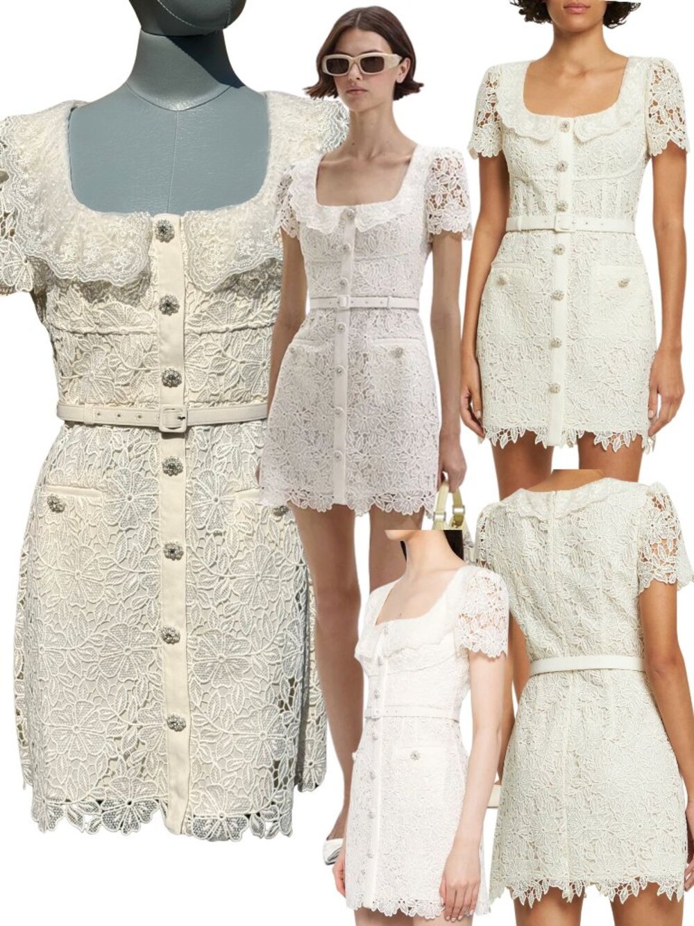 🆕 SELF-PORTRAIT 🧿 NWT Cream Guipure Lace Belted Mini Dress, Sz UK 12 US 8